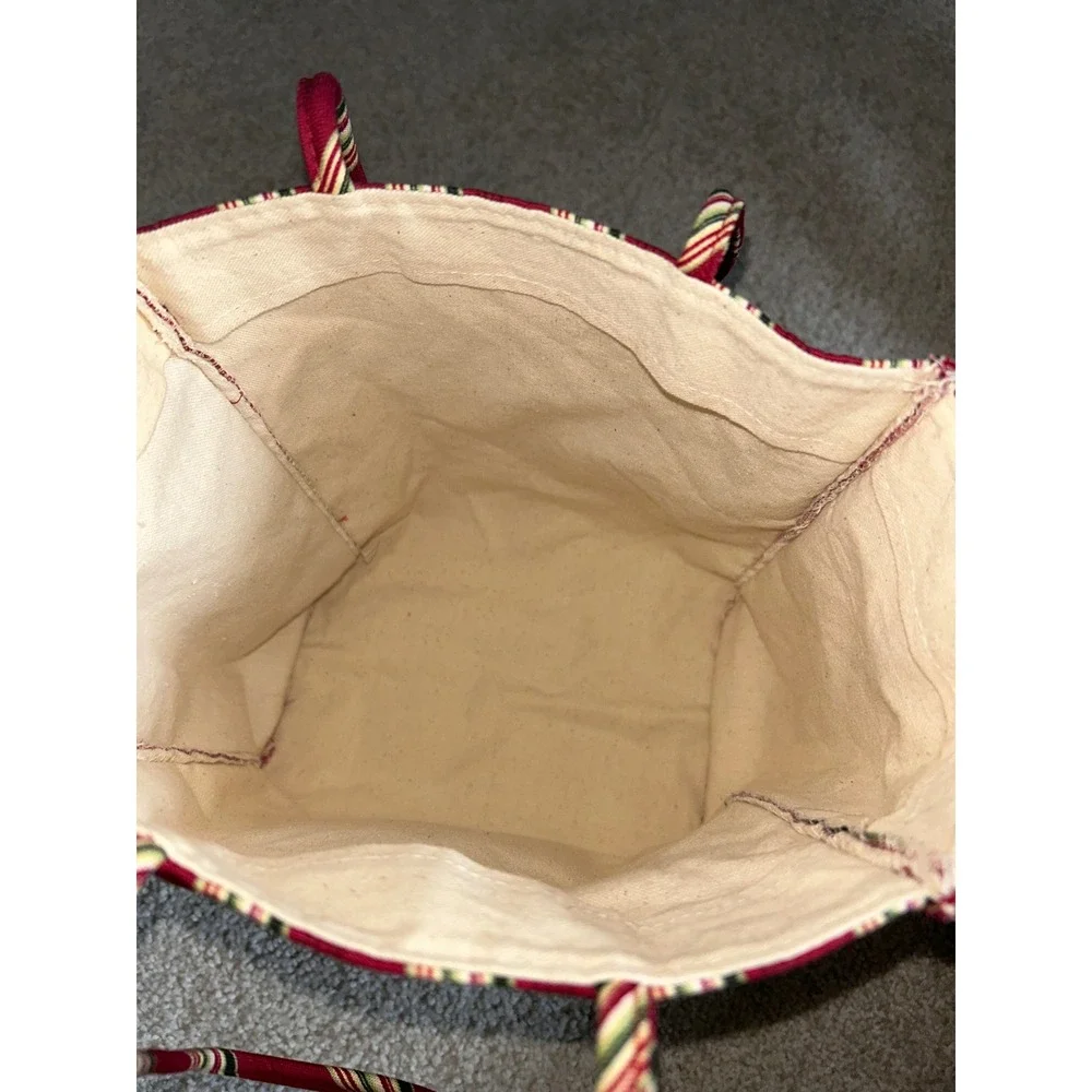 Christmas Holiday Striped Canvas Tote Bag Embroidered Basket Red Green Cream